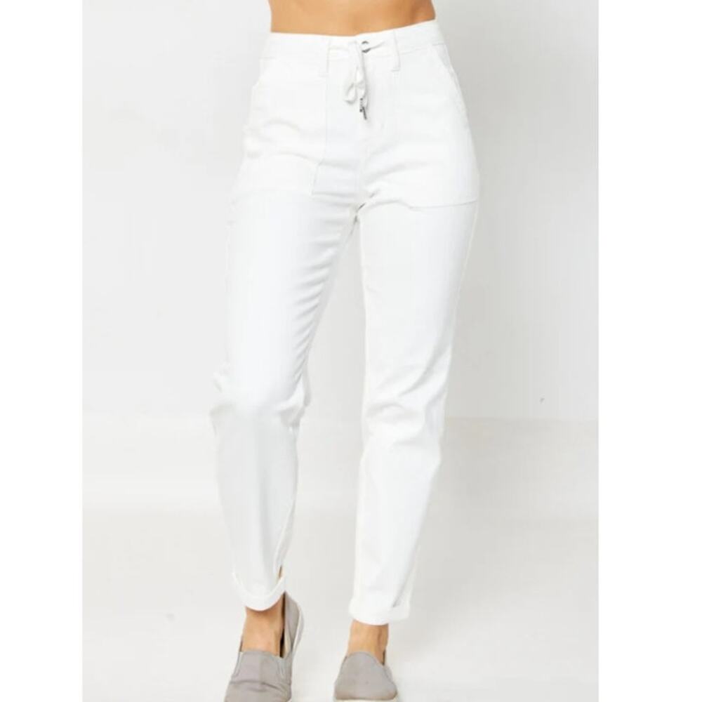Judy Blue Charlene High Rise Jogger Jeans 27 White Ecru Denim Pants Drawstring